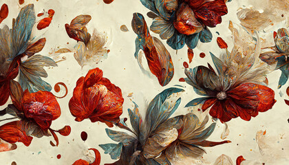 Artistic abstract flower pattern gorgeous flowers and petals ornament art design nature leaf illustration drawing, digital floral print painting vintage style wallpaper or background