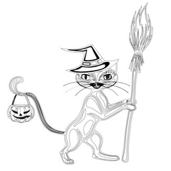 Vector illustration of a coloring on a halloween, funny cat in a witch hat sits on a pumpkin, coloring book page for kids and adults halloween 