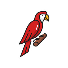 Macaw exotic parrot bird of pirate captain sitting on branch isolated red color fowl. Vector rainforest jungle fauna habitat, exotic feathered animal. Friendly tropical macaw, pirate buccaneer pet