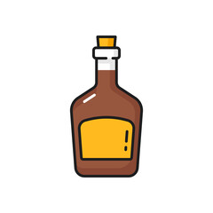 Whiskey or scotch, rum pirate drink in bottle isolated color outline icon. Vector seafarer corsair bourbon wine in glass bottle with cork. Western cognac, bottle of rum spirit alcoholic drink
