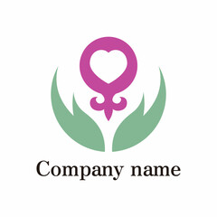 The composition of the logo: a mirror of Venus, a symbol of a woman, a heart, a floral ornament, grass, a hand. White background.