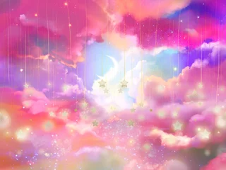 Poster Girly fantasielandschapsillustratie van dromerige schattige sterren drijvend in een regenboogkleurige zee van wolken © NORIMA