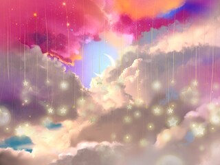 虹色の雲海に浮かぶ夢かわいい星々のガーリーなファンタジー風景イラスト