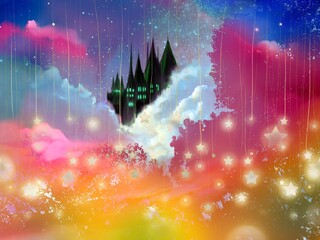虹色の雲海の中の御伽話の様なお城と月と星空のファンタジー風景背景イラスト