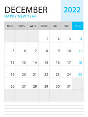 December 2022-Calendar 2022 template vector on blue background, week start on monday, Desk calendar 2022 year, Wall calendar design, corporate planner template, Stationery, organizer diary, vector