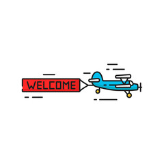 Fototapeta premium Welcome banner flying aircraft, biplane in clouds isolated color line icon. Vector amusement park, advertisement and promotion hello sign. Greetings from air, old biplane, invitation to playground