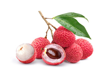 Juicy Lychee with cut in half isolated on white background. Clipping path.