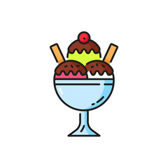 Ice cream balls in bowl isolated summer refreshing dessert with chocolate topping color line icon. Vector glass container with icecream, sweet food snack. Homemade creamy Italian gelato frozen sundae