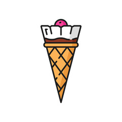 Fruity ice cream in waffle cone, sundae in wafer with cherry berry on top isolated color icon. Vector italian sundae, gelato ice-cream snack. Fastfood cold refreshing summer dessert, frozen cone