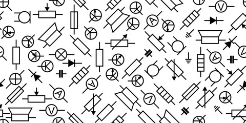 Radio component. Radio electronic circuit. Symbolic designation. Isolated on white background. Resistor, transistor, diode and capacitor. Seamless pattern. Vector