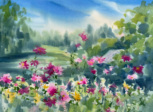 Summer landscape with a meadow and a hill watercolor background