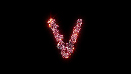 bright red shining lux gems alphabet - letter V, isolated - object 3D illustration