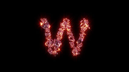 bright red lighting glamorous gems alphabet - letter W, isolated - object 3D rendering