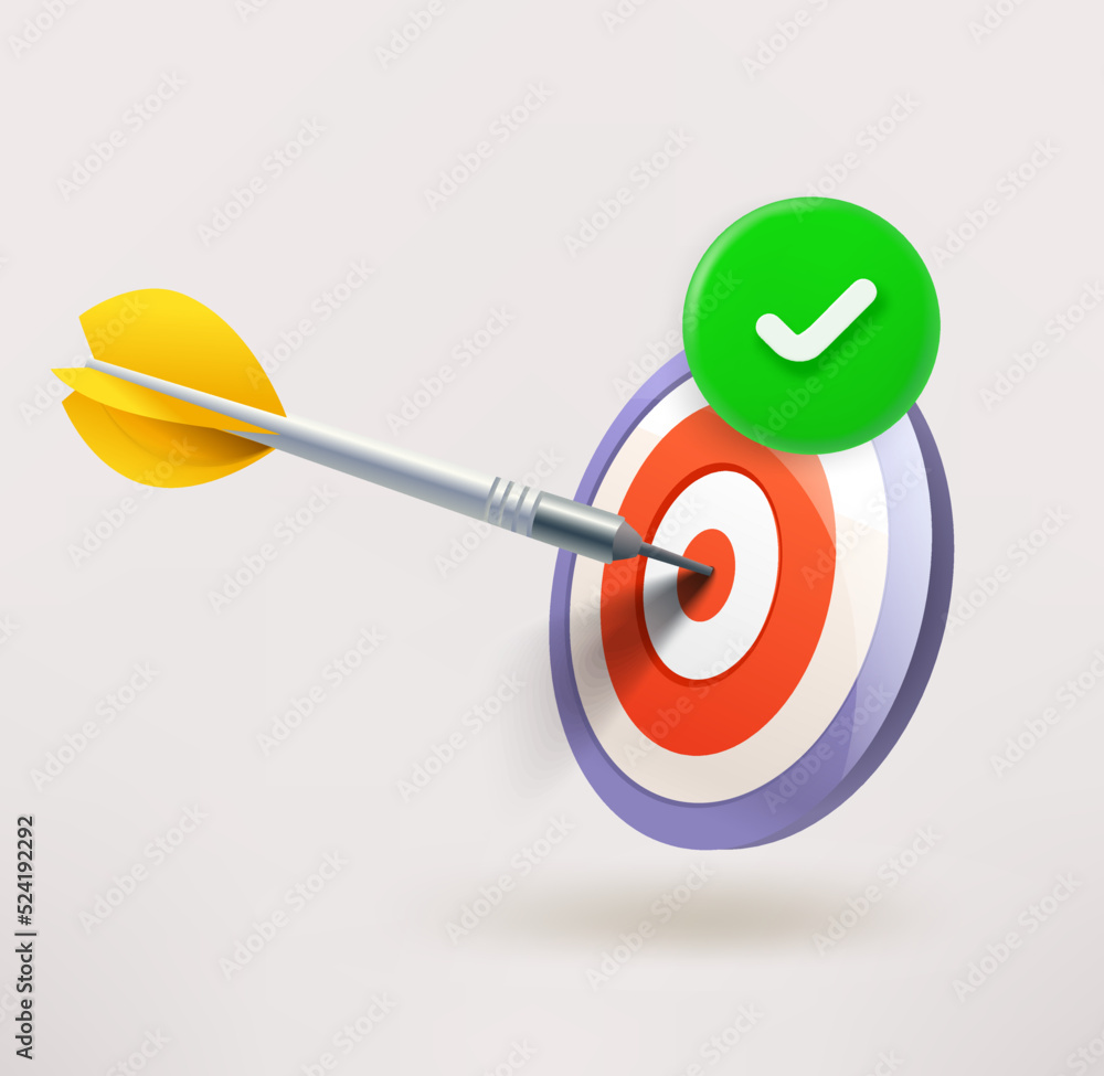 Poster Dart in a bulls eye icon with checkmark. 3d vector icon