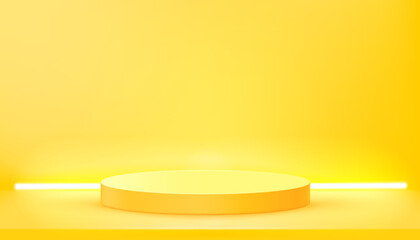 Fototapeta na wymiar Yellow interior with podium and neon glowing lamps. Vector 3d illustration with copy space