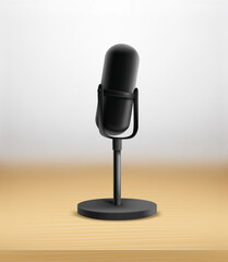 Black radio microphone on a wood table. Vector 3d illustration