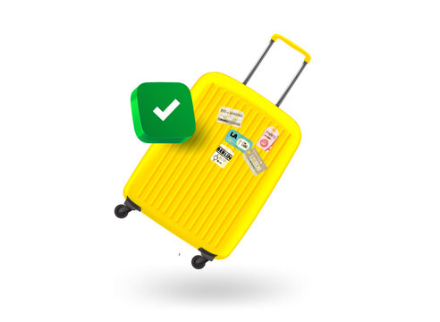 Yellow Travel Suitcase With Checkmark Icon. 3d Vector Illustration