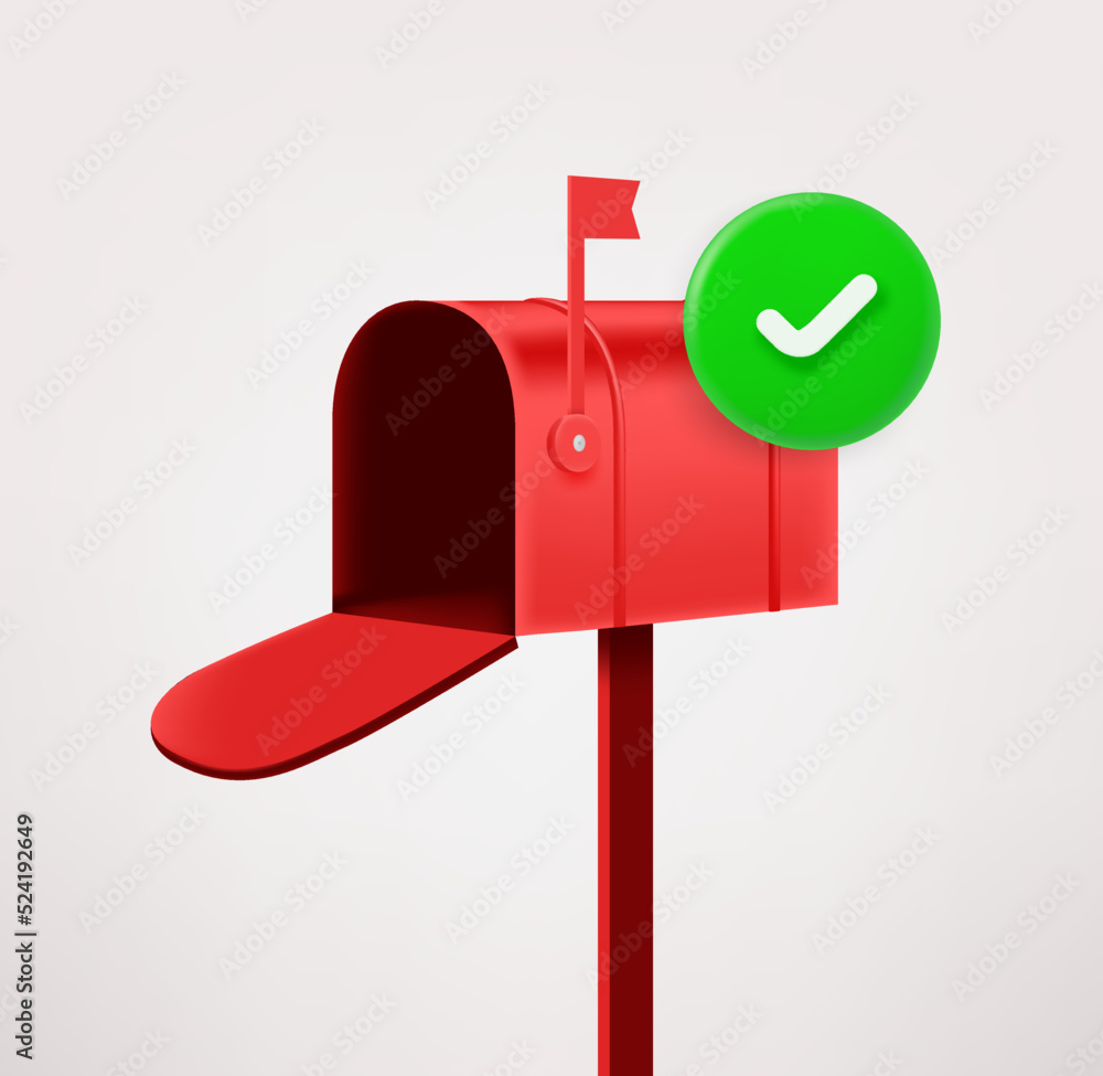 Poster Mail box icon with checkmark. 3d vector icon