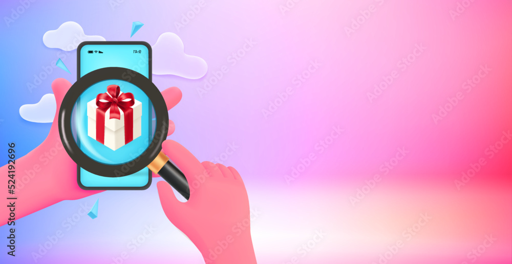 Aufkleber Receive present concept with smartphone and magnifier. 3d vector banner with copy space