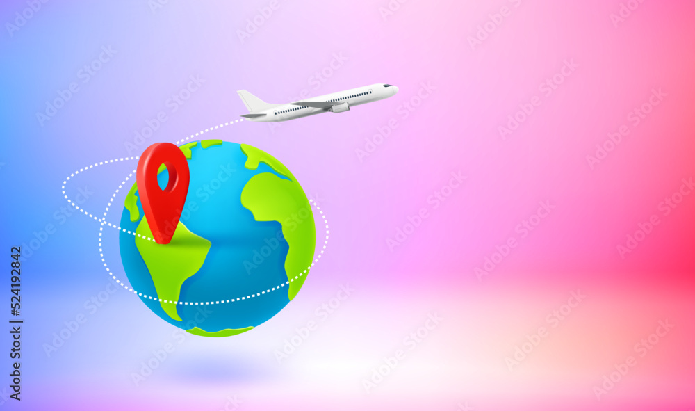 Poster travel concept with map pin, aircraft and the earth. 3d vector banner with copy space