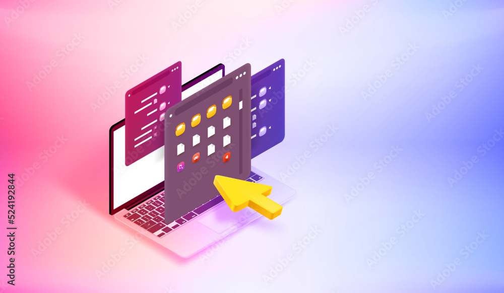 Aufkleber using folders on computer. 3d vector banner with copy space