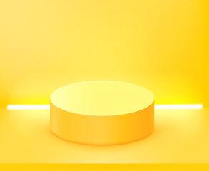 Yellow interior with podium and neon glowing lamps. Vector 3d illustration with copy space