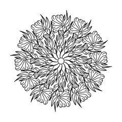 Floral Mandala. Coloring book page in doodle style. Ornate decor design elements.