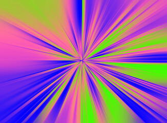 Abstract surface of radial blur zoom in neon green, blue and pink colors. A spectacular acidic backdrop with radial, diverging, converging lines. 