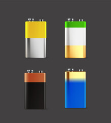 Fototapeta Different color 9v batteries set. 3d vector clipart obraz