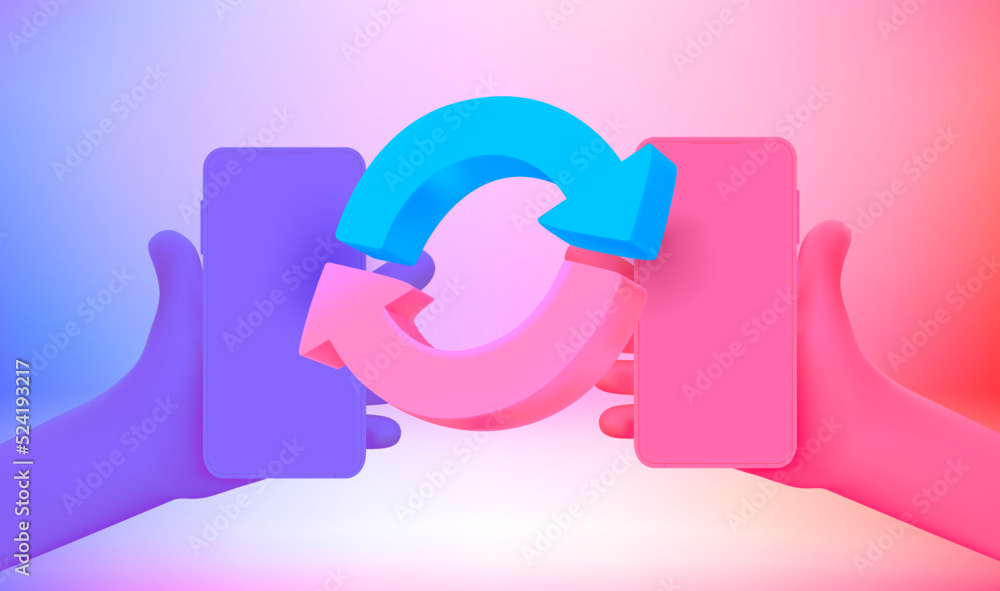 Poster data transfer concept with modern mobile phones. 3d vector illustration with holographic effect
