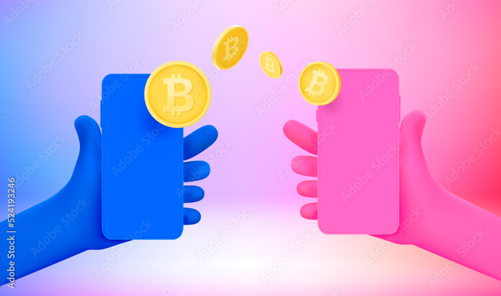Aufkleber crypto currency transfer using mobile application concept. 3d vector illustration with holographic e