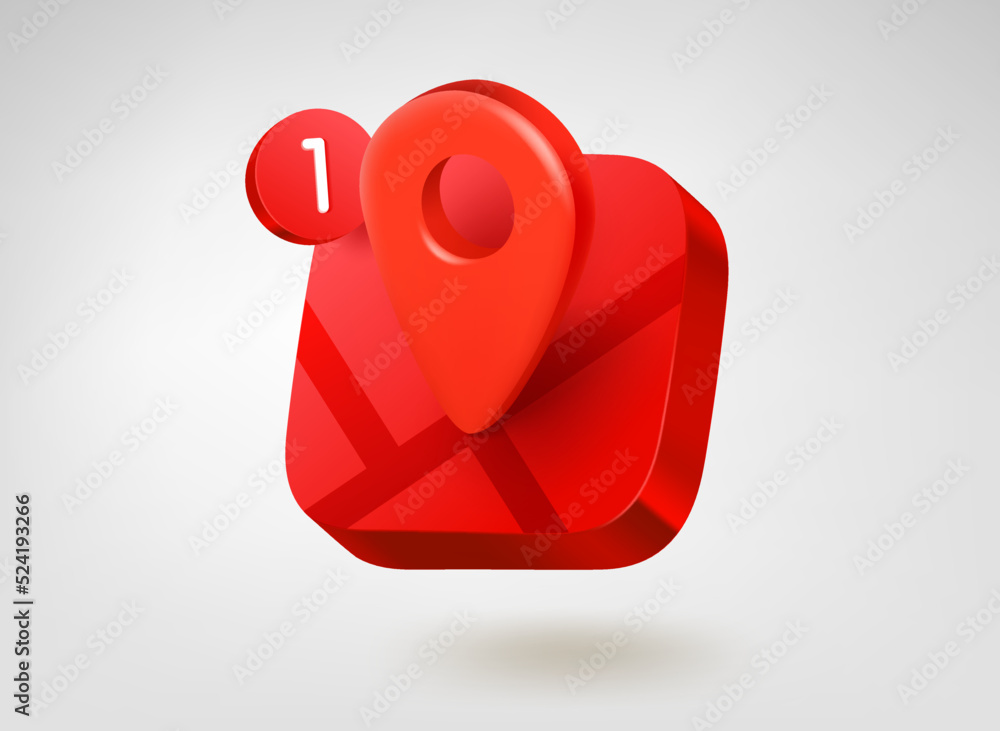 Poster Red location pin button. 3d vector mobile application icon