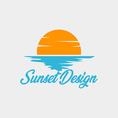 logo illustration sunset, waves, sea, beach vector design