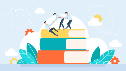 Tiny characters climb to the top of the mountain from the books. Business courses. Teamwork in education. The leader lends a helping hand. Obtaining higher education. Flat style. Vector illustration