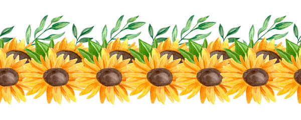 Seamless flower border. Watercolor sunflowers. High quality photo