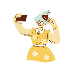  Cute old woman with phone takes selfie. Grandmother is being photographed. Vector cartoon illustration. 