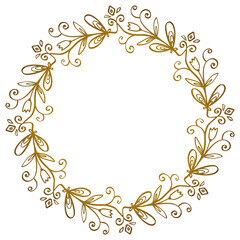 Vector floral golden decorative wreath with swirls and leaves.