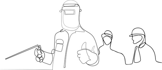 Welder mounts in the trunk pipeline electrochemical protection Vector illustration. Young man welder in brown uniform welding mask and welders leathers weld metal