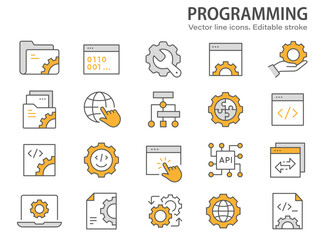 Programming line icons. Set of computer, coding, dev, develop and more. Editable stroke.