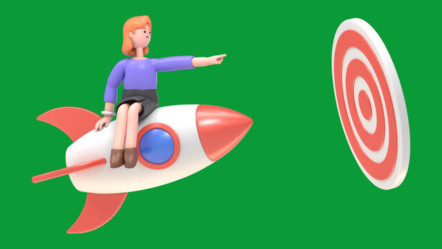 Green Screen Mock-up. Format 16:9.3D Illustration Of Smiling Businesswoman Ellen Flying Forward With A Rocket Engine To Big Target On Green Screen For Footage And Clipping Path.
