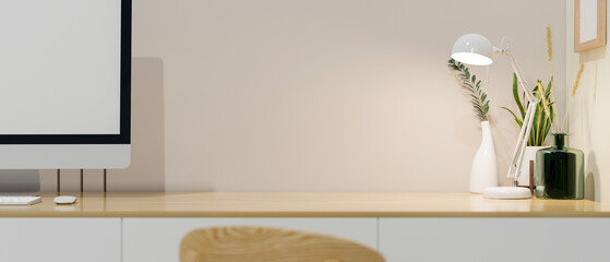 Close-up, Minimal working space with computer and copy space on wooden tabletop