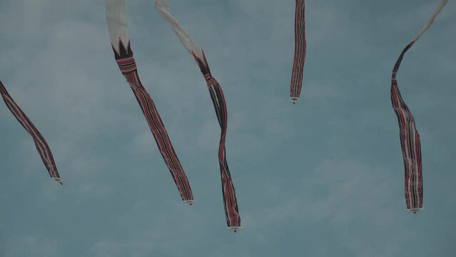 Balinese Traditional Kites JANGGAN (Red White Black Long Tail Bird Dragon) on Bali Kite Festival Summer Blue Sky Slow Motion