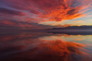 The final moments before sundown at Salton Sea in the desert of Southern California