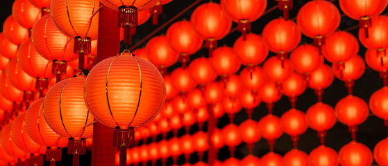 Beautiful red Chinese lantern background, Asian Chinese New Year ornamental festive decoration © bongkarn