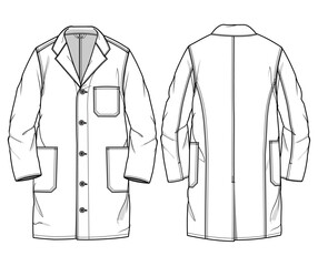 Medical coats, white coat,  laboratory coat, lab coat, doctors coat Front and Back View. Fashion Illustration, Vector, CAD, Technical Drawing, Flat Drawing, Template, Mockup.