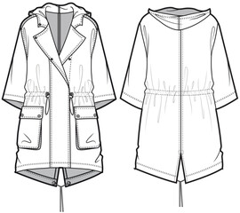 Winter Parka Jacket Front and Back View. Fashion Illustration, Vector, CAD, Technical Drawing, Flat Drawing, Template, Mockup. © Jasmin