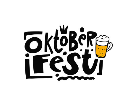 Oktoberfest modern typography lettering text. Vector illustration. Black color sign and beer mug.