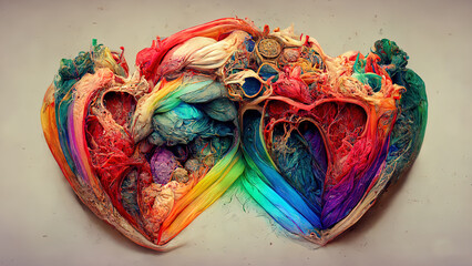 Rainbow hearts, interweaving of colored lines. Bright abstract background. Rainbow heart LGBT. Hi tech. AI. - obrazy, fototapety, plakaty