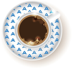 Hot coffee in a blue-patterned white porcelain mug. Top view. png file.