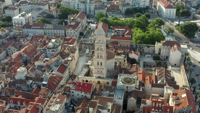 Aerial view Split Croatia. Historic city center with old architecture, cathedral bell tower, central square and pedestrian streets. High quality 4k footage